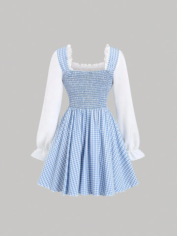 Blue & White Plaid Print Long Sleeve Belted Mini Dress
