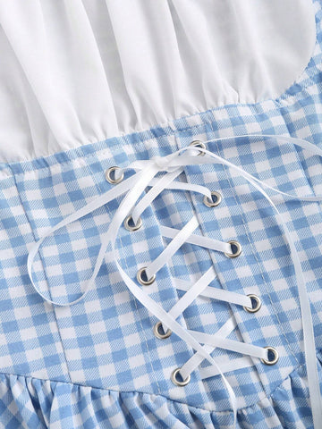 Blue & White Plaid Print Long Sleeve Belted Mini Dress