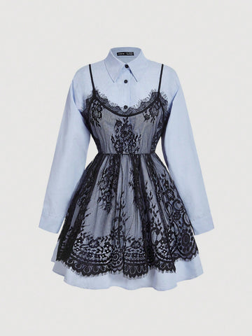 Blue & White Striped Lace 2 In 1 Shirt Dress,Vintage Clothes Women,Valentine's Day,New Year