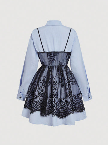 Blue & White Striped Lace 2 In 1 Shirt Dress,Vintage Clothes Women,Valentine's Day,New Year