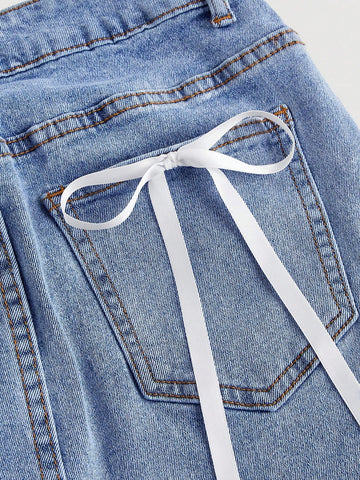 MOD Bow Decor Denim Mini Skirt For Summer