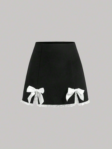 MOD Bow Front Lace Trim Split Hem Black Mini Summer Skirt
