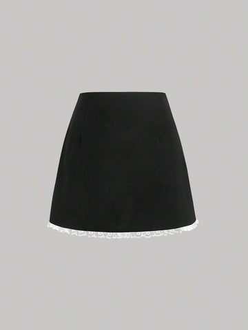 MOD Bow Front Lace Trim Split Hem Black Mini Summer Skirt