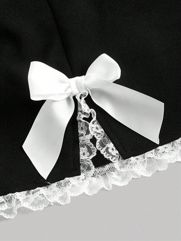 MOD Bow Front Lace Trim Split Hem Black Mini Summer Skirt