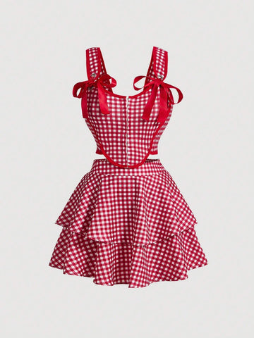 Bowknot Strap Floral Top & Dusky Ruffled Hem Skirt Two-Piece Set