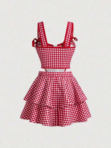 Bowknot Strap Floral Top & Dusky Ruffled Hem Skirt Two-Piece Set