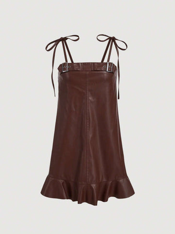 Brick Red PU Leather Elasticated Bust Metallic Buckle Doll Dress For Women
