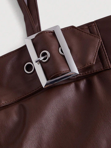 Brick Red PU Leather Elasticated Bust Metallic Buckle Doll Dress For Women