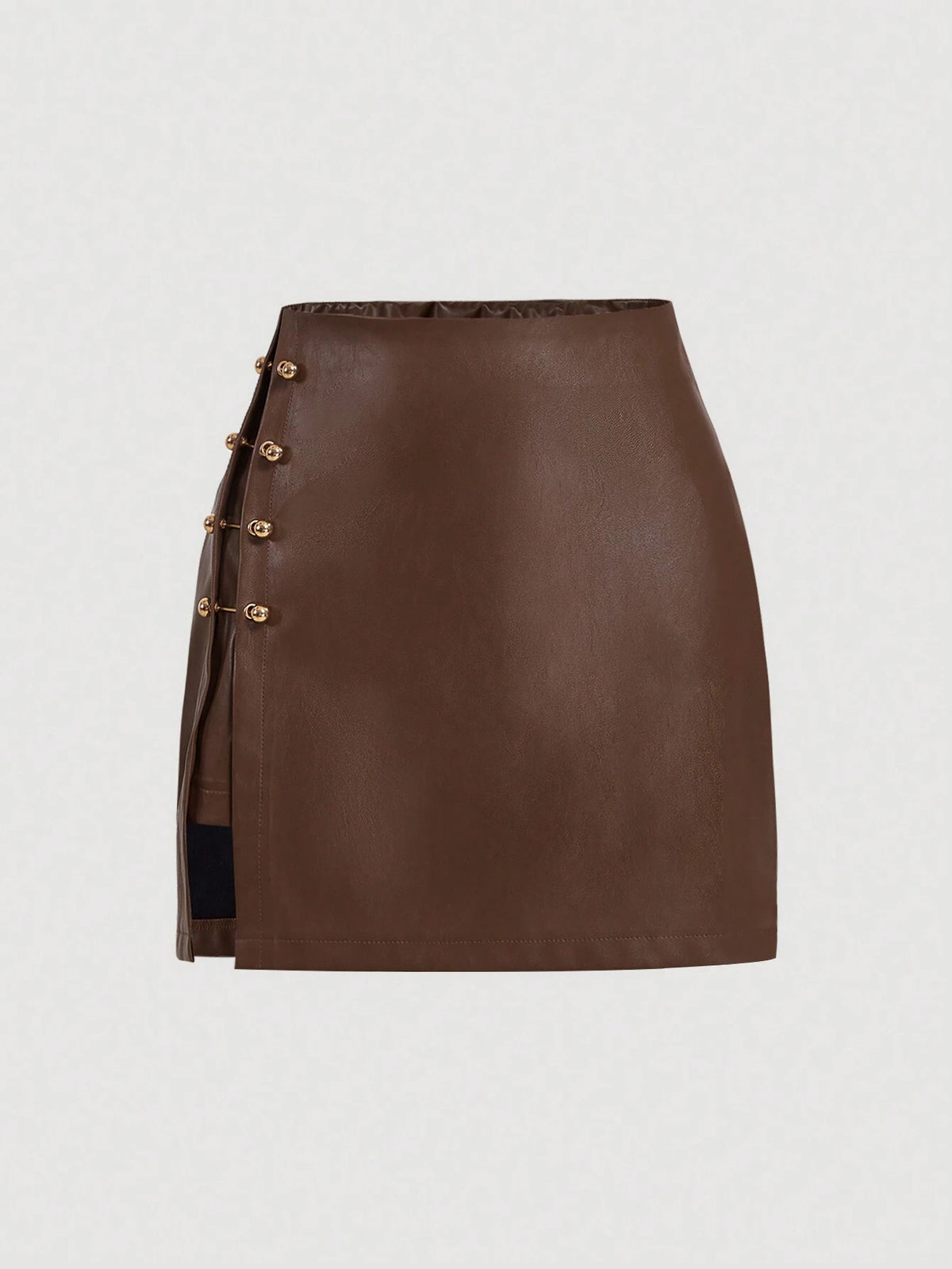 MOD Brown Side Slit Metallic Trim Faux Leather A-Line Skirt, Going Out Skirt, Vintage Skirt, Fall Outfits, Sexy Skirt, Leather Skirt