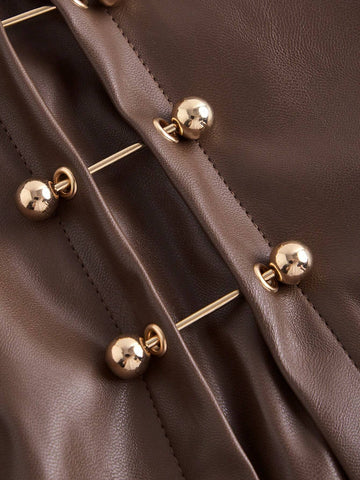 MOD Brown Side Slit Metallic Trim Faux Leather A-Line Skirt, Going Out Skirt, Vintage Skirt, Fall Outfits, Sexy Skirt, Leather Skirt