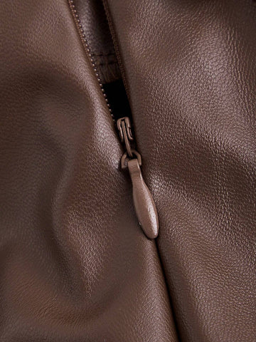 MOD Brown Side Slit Metallic Trim Faux Leather A-Line Skirt, Going Out Skirt, Vintage Skirt, Fall Outfits, Sexy Skirt, Leather Skirt