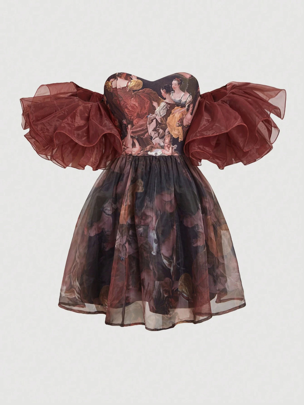 Brown Vintage Painting Printed Renaissance Style Dress For Women, Suitable For Party, Costume Ball