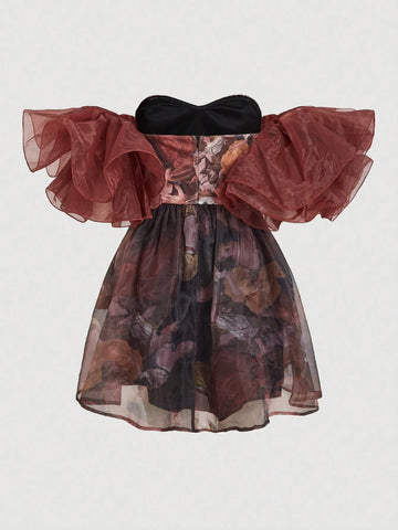 Brown Vintage Painting Printed Renaissance Style Dress For Women, Suitable For Party, Costume Ball