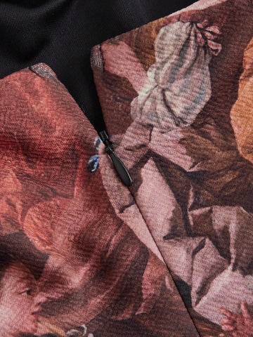 Brown Vintage Painting Printed Renaissance Style Dress For Women, Suitable For Party, Costume Ball