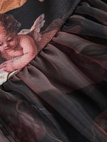 Brown Vintage Painting Printed Renaissance Style Dress For Women, Suitable For Party, Costume Ball