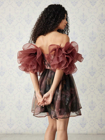 Brown Vintage Painting Printed Renaissance Style Dress For Women, Suitable For Party, Costume Ball