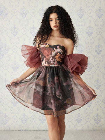 Brown Vintage Painting Printed Renaissance Style Dress For Women, Suitable For Party, Costume Ball