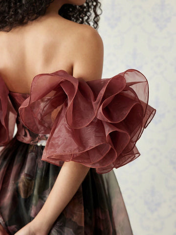 Brown Vintage Painting Printed Renaissance Style Dress For Women, Suitable For Party, Costume Ball