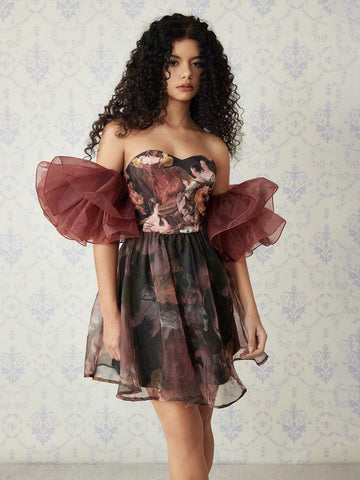 Brown Vintage Painting Printed Renaissance Style Dress For Women, Suitable For Party, Costume Ball