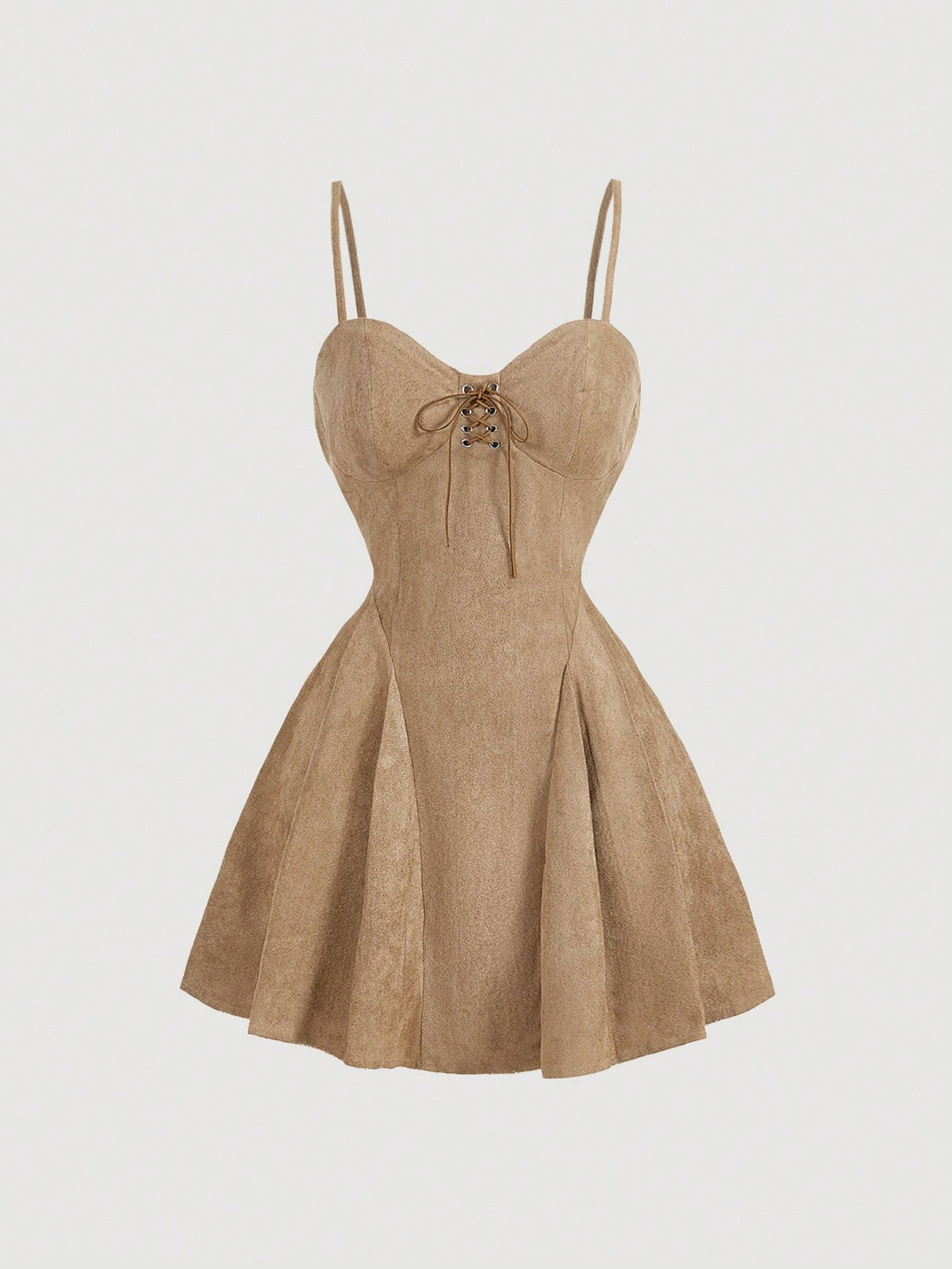Bust Cup Waist Gather Pleated A-Line Deer Suede Dress
