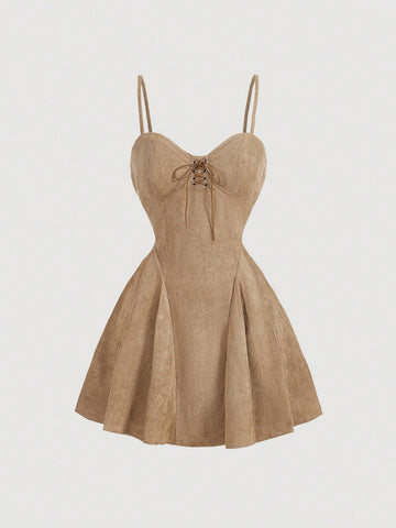 Bust Cup Waist Gather Pleated A-Line Deer Suede Dress
