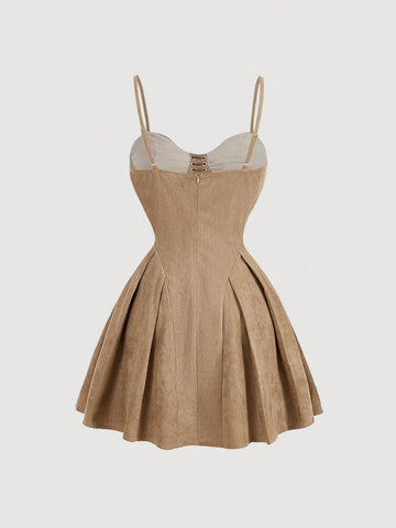 Bust Cup Waist Gather Pleated A-Line Deer Suede Dress