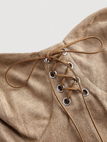 Bust Cup Waist Gather Pleated A-Line Deer Suede Dress