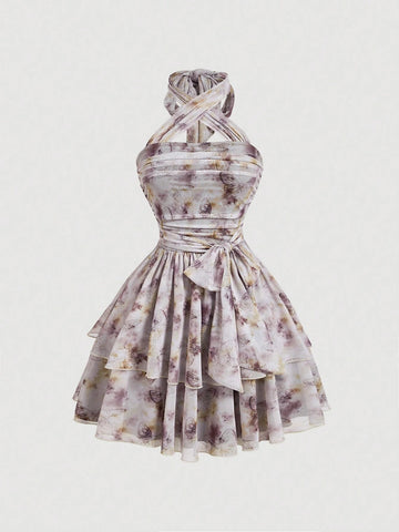 Butterfly Print Vintage Women's Halter Dress,Summer Women Dresses,Going Out Dress,Back T