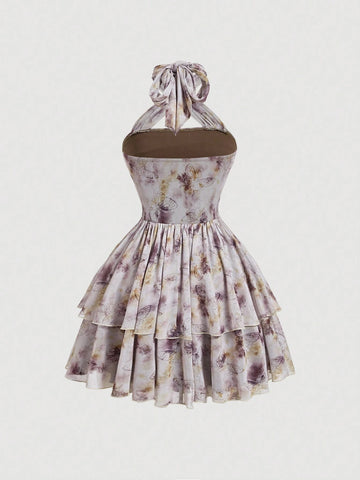 Butterfly Print Vintage Women's Halter Dress,Summer Women Dresses,Going Out Dress,Back T