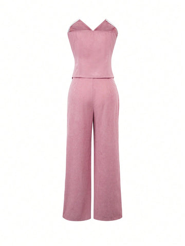 Button Front Tube Top & Wide Leg Pants