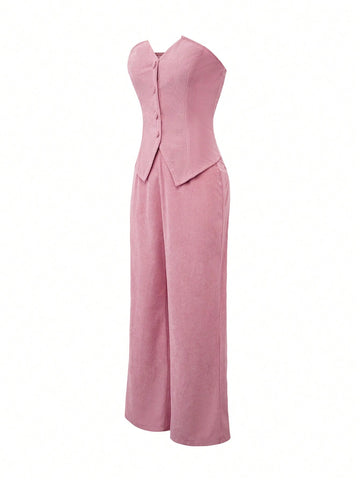 Button Front Tube Top & Wide Leg Pants