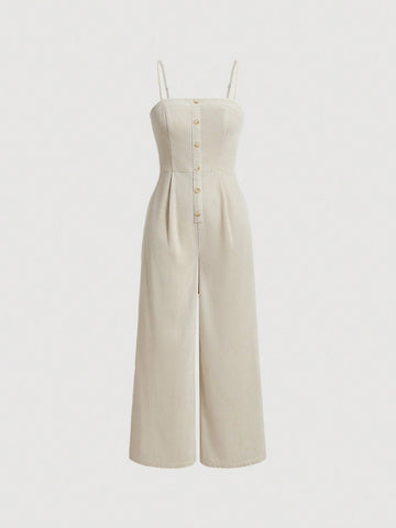 Button Front Wide Leg Overall Jumpsuit Without Shirt