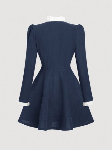 Buttoned Waist-Tie Long Sleeve Dress With Contrast Trim Detail