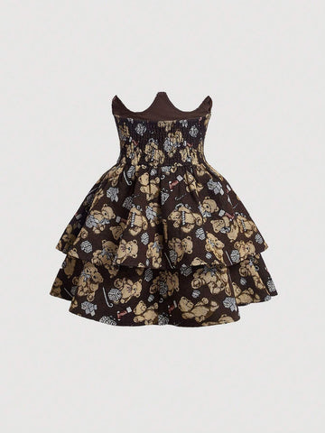 MOD Cartoon Bear Print Layer Hem Skirt