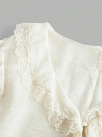 MOD Casual Solid Color Ruffle Trim Bell Sleeve Bow Decor Ladies Shirt