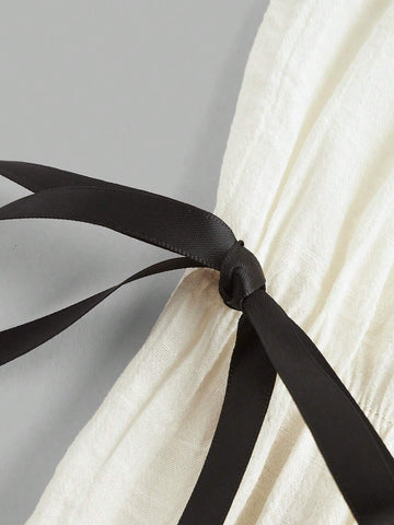 MOD Casual Solid Color Ruffle Trim Bell Sleeve Bow Decor Ladies Shirt