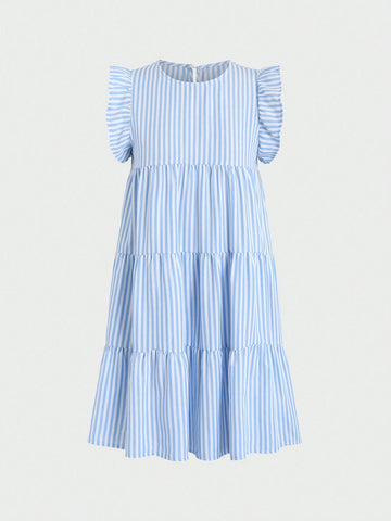 Casual Striped Color Block Ruffle Trim Sleeveless Dress For Summer
