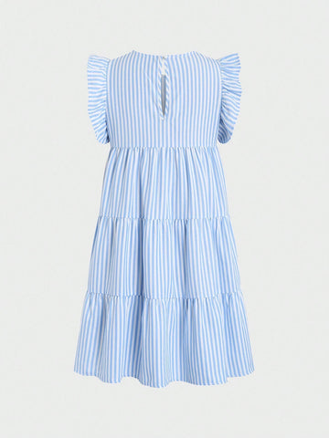 Casual Striped Color Block Ruffle Trim Sleeveless Dress For Summer
