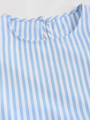 Casual Striped Color Block Ruffle Trim Sleeveless Dress For Summer