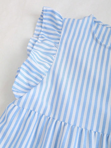 Casual Striped Color Block Ruffle Trim Sleeveless Dress For Summer