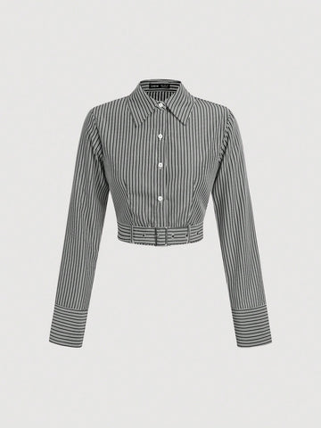 MOD Collared Button-Front Long Sleeve Striped Minimalist Casual Blouse