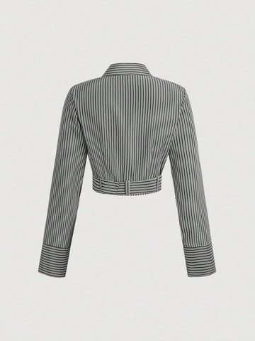 MOD Collared Button-Front Long Sleeve Striped Minimalist Casual Blouse