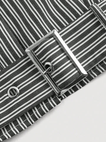 MOD Collared Button-Front Long Sleeve Striped Minimalist Casual Blouse