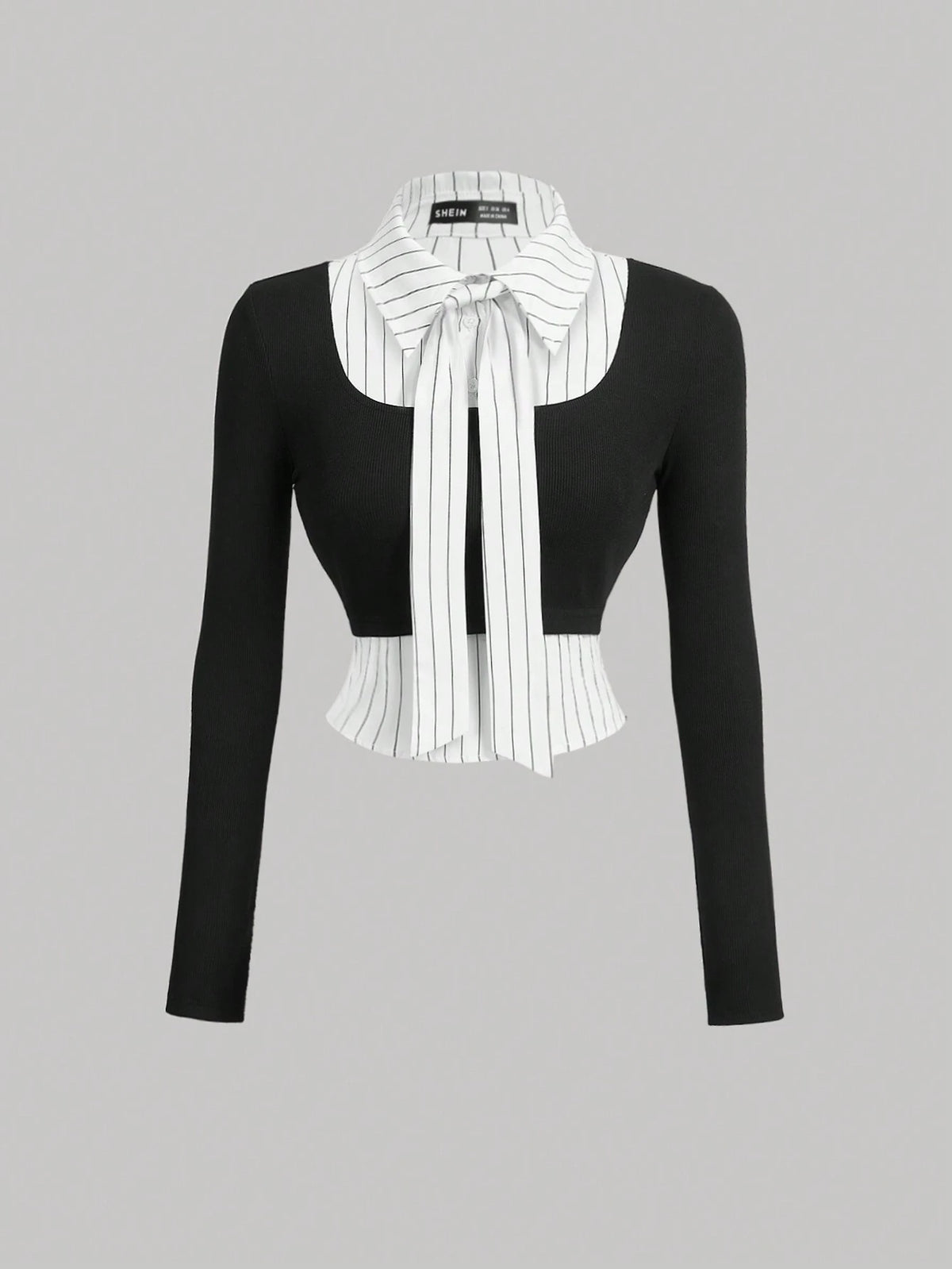 MOD Collared Long Sleeve Striped Splice Black Color Fashionable Shirt