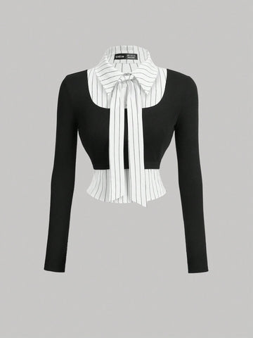 MOD Collared Long Sleeve Striped Splice Black Color Fashionable Shirt