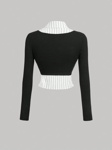 MOD Collared Long Sleeve Striped Splice Black Color Fashionable Shirt