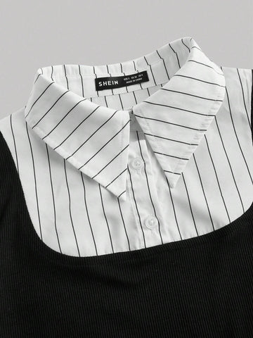 MOD Collared Long Sleeve Striped Splice Black Color Fashionable Shirt