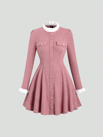 Color-Blocking Stand Collar Long Sleeve Button-Up Dress