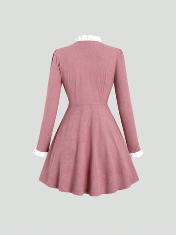 Color-Blocking Stand Collar Long Sleeve Button-Up Dress
