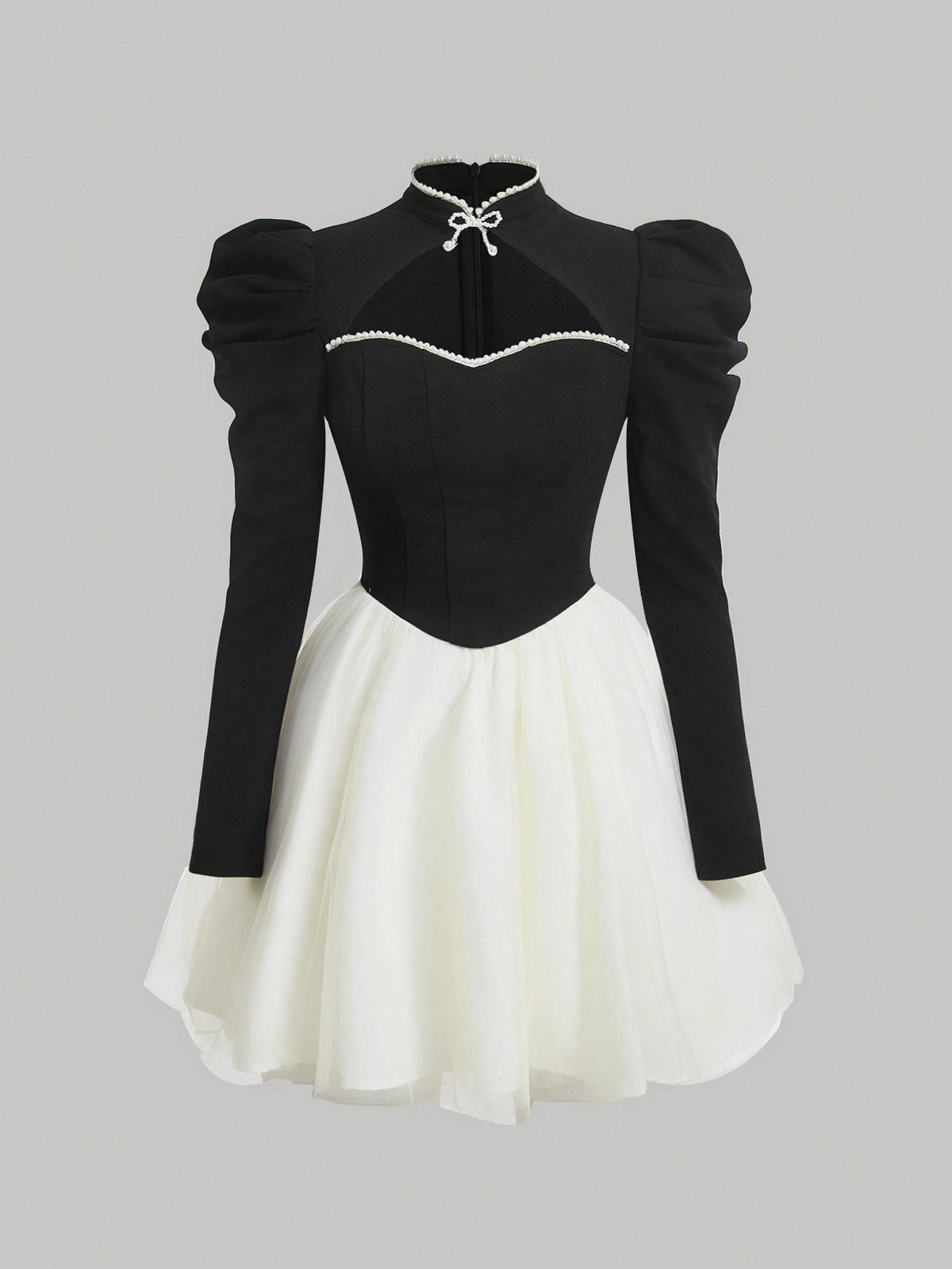 MOD Color-block Nail Bead Embellished Long Sleeve Dress